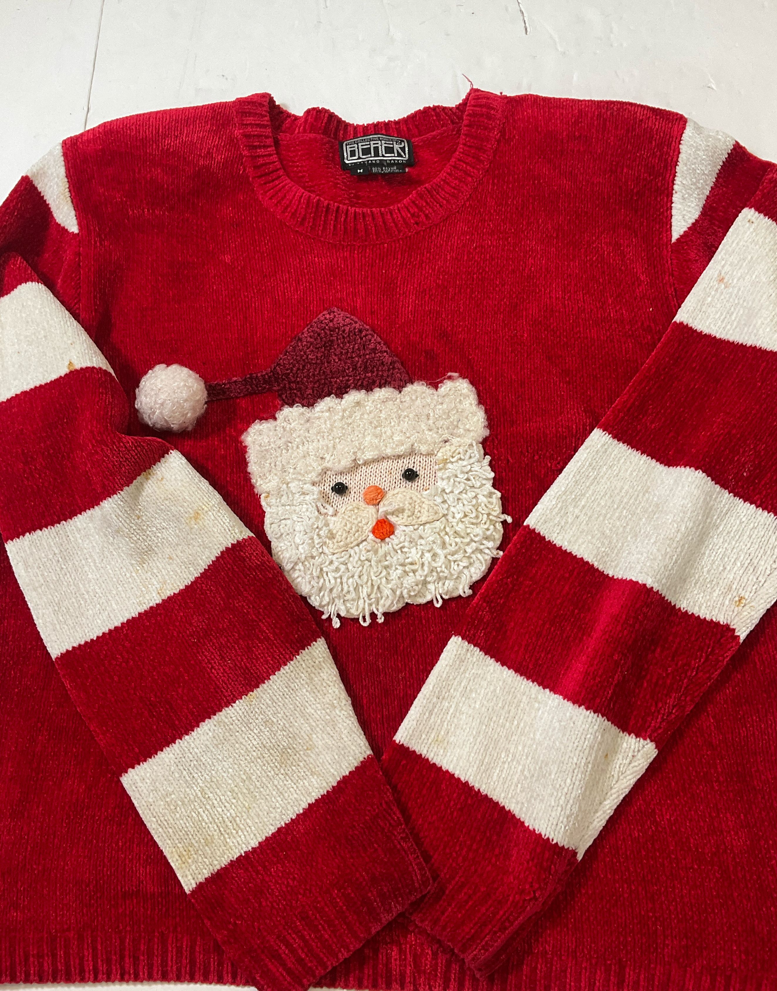 Berek 2 Red White Stripe 3D Santa Chenille Christmas Sweater Women's M Vintage