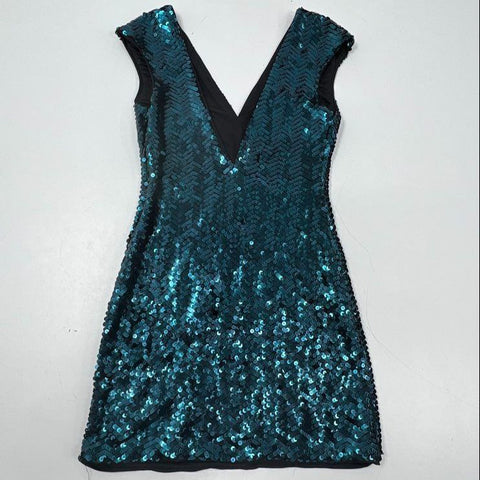 Lovers + Friends Women's Teal Sequin Chevron Mini Dress V-Neck Bodycon Sz S