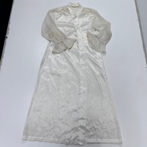Vintage 80s Ivory Satin Robe Long Sheer Embroidered Sleeves Lace Detail Sz S/M