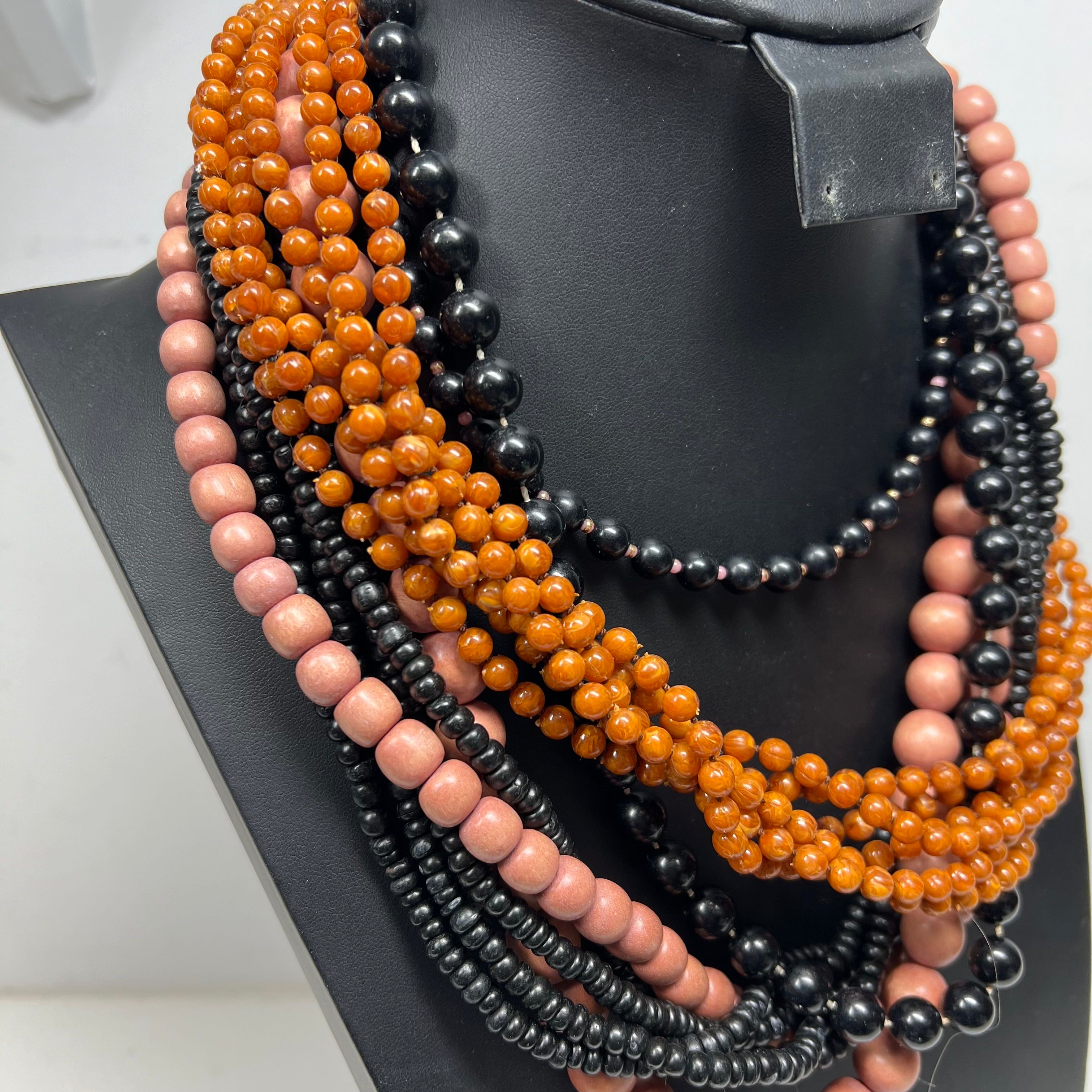 Beaded Multi Strand Orange Black Beaded Necklaces