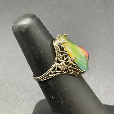 Vintage Art Deco Style Silver Tone Iridescent Glass Filigree Ring Size 4.5