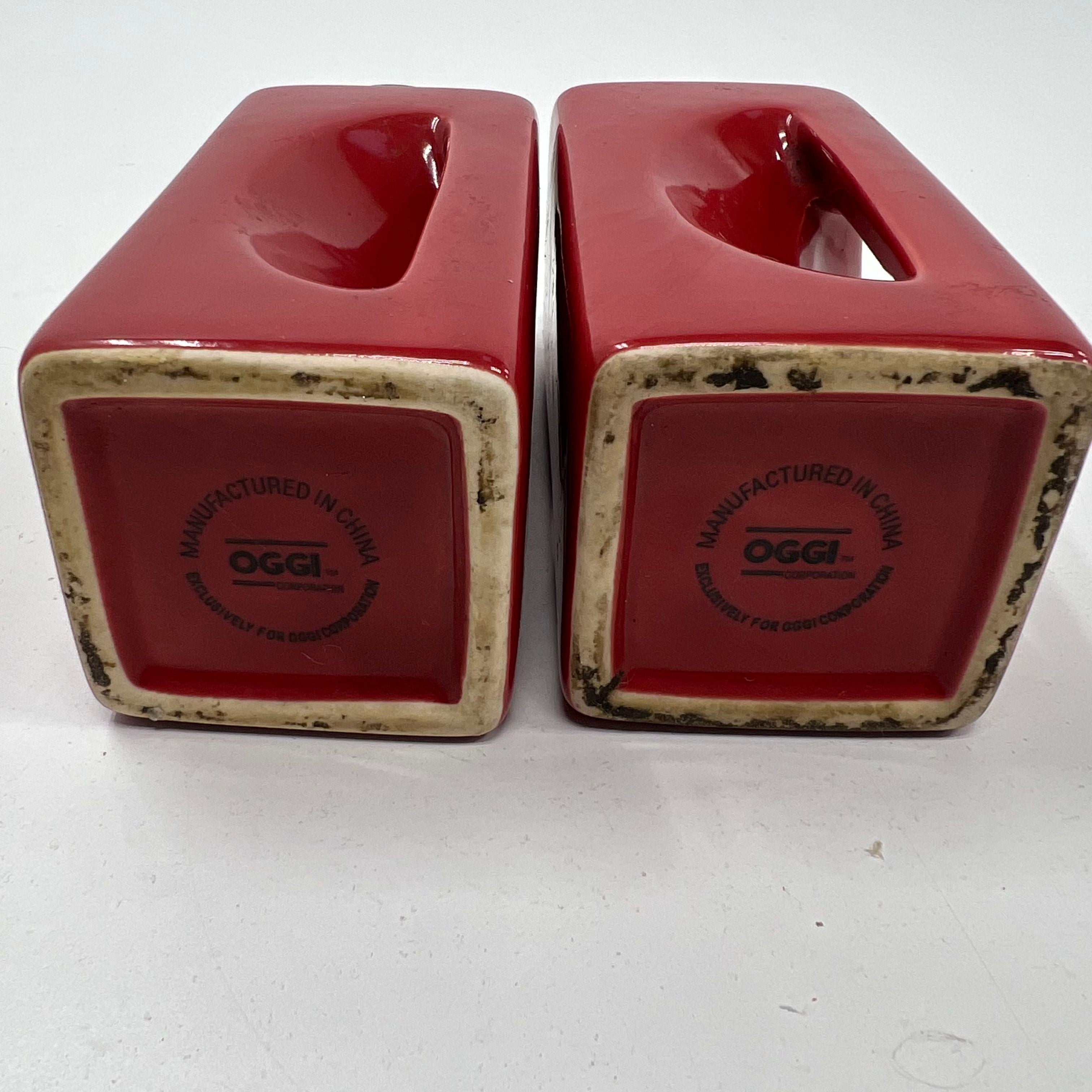 OGGİ Red Ceramic Salt and Pepper Shakers Modernist Design Metal Lids 'S' 'P'