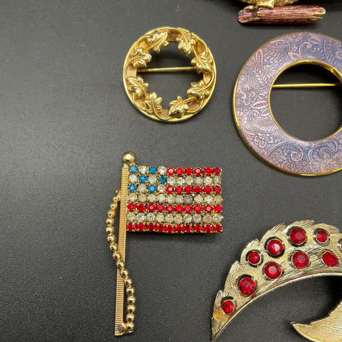 Vintage Costume Brooch Lot of 6 Rhinestone Enamel Bird Isle of Skye Flag