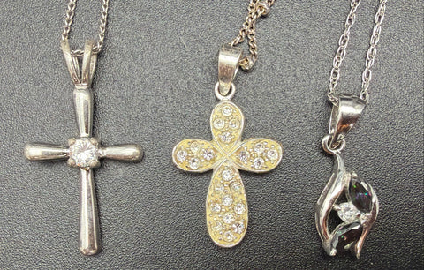 Silver Plated Jewelry Lot 14 Pieces Necklaces Earrings Cross Pendants Ring