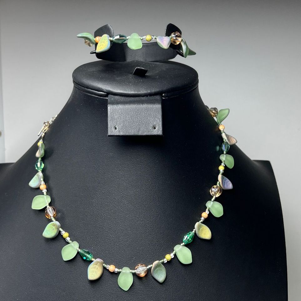 Donnabeth Mitchell Glass Leafy Beaded Bracelet & Necklace Sterling Chain Set