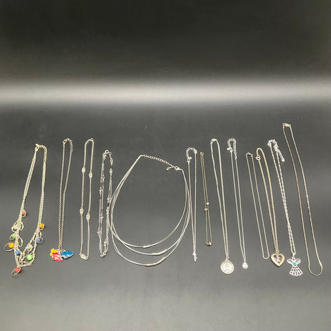 Vintage to Modern Costume Jewelry Lot 14 Necklaces Silver Tone Angel Heart