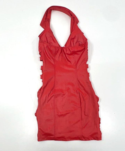 Lydia U.S.A. Women's Red Halter Full Zip Ruched Mini Dress Buckles Sz S