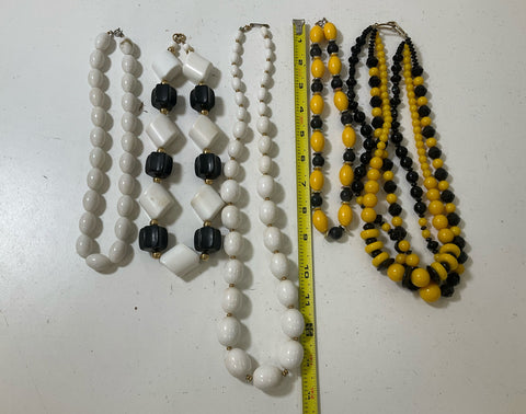 Lot of Black Yellow and White Plastic Beaded Necklaces Vintage 9 Pieces