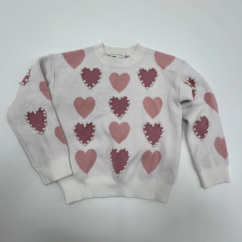English Factory White Pink Heart Print Faux Pearl Knit Sweater Women's M