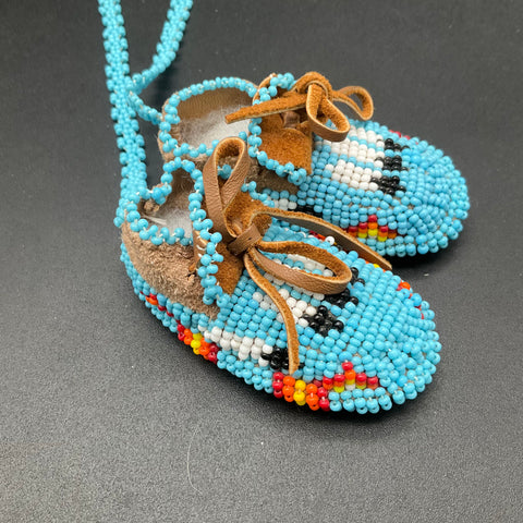 Vintage Miniature Beaded Moccasin Necklace Suede Bootie Turquoise Blue 17"