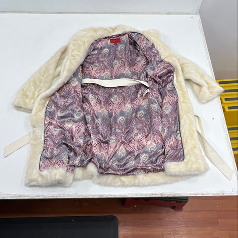 Illusion by Sherry Cassin Women's Cream Faux Fur Coat Belted Patterned Size S
