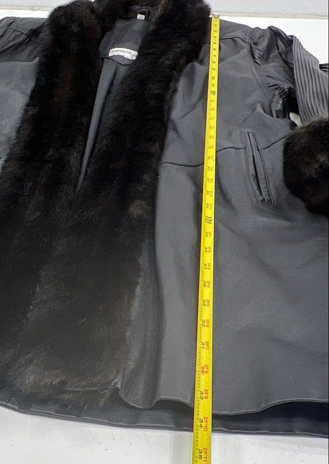 Vintage Charles Klein Black Leather Faux Fur Pleated Sleeve Jacket Coat Womens M