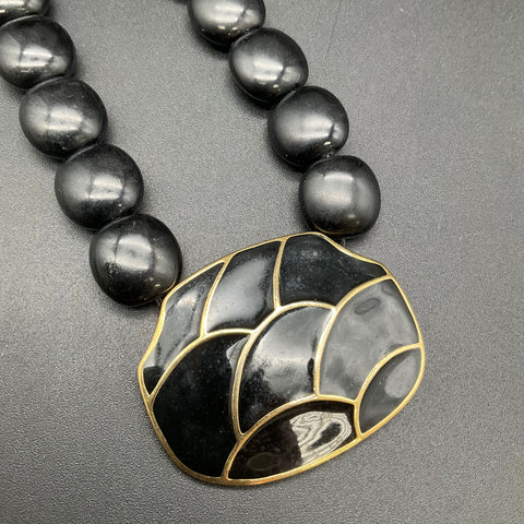 Vintage Signed Trifari Black Enamel Beaded Necklace Gold Tone Statement 18"