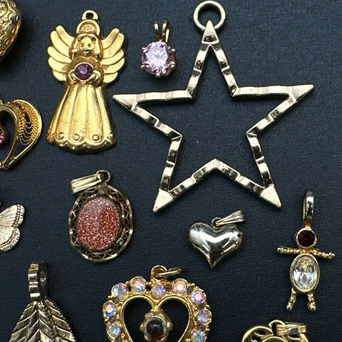 Vintage to Modern Gold Tone Costume Jewelry Lot of 16 Pendants Hearts Crosses