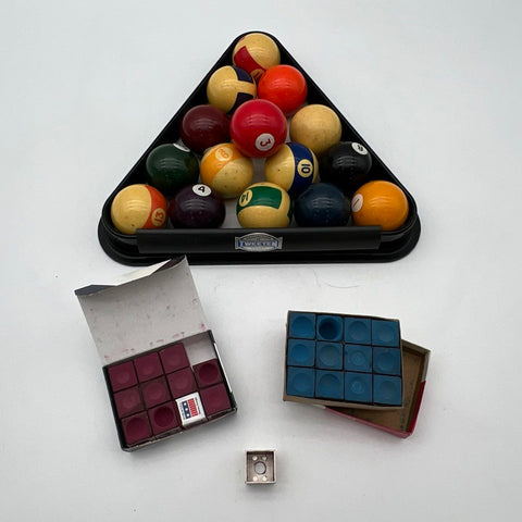Vintage Billiard Ball Set 16 Balls With Tweeten Rack Master & Silver Cup Chalk