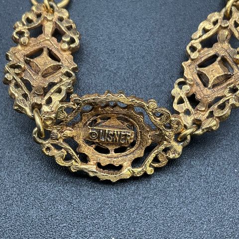 Vintage Lisner Gold Tone Victorian Revival Link Bracelet Amber Tone Stones 7"