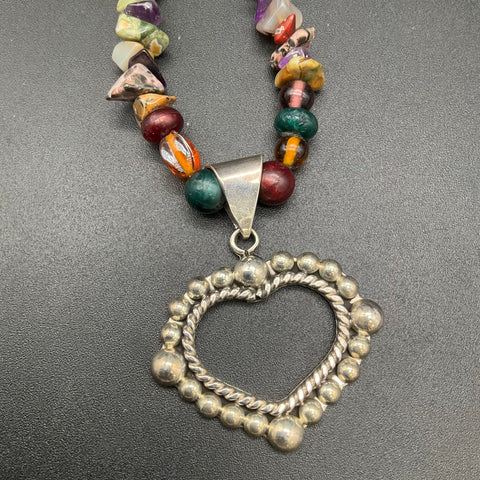 925 Mexican Sterling Silver Heart Pendant Necklace Multi-Stone Glass Beaded 24"