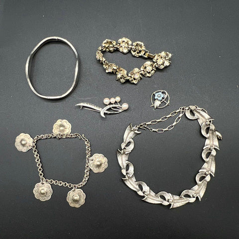 Vintage Silver Tone Jewelry Lot of 6 Rhinestone Charm Bracelets Floral Brooches