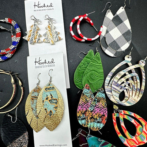 Hooked Handcrafted Faux Leather Cork Jewelry Lot 25 Pairs Earrings Hoops Boho