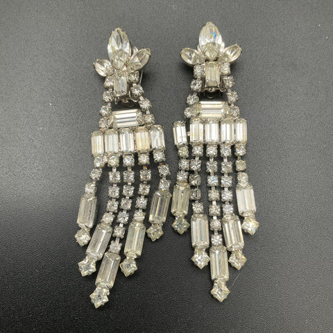 Vintage Mid-Century Silver Tone Rhinestone Bracelet & Chandelier Clip Earrings