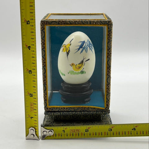Signed Chinese Hand Painted Egg Bird & Bamboo Motif 5" Glass Display Case