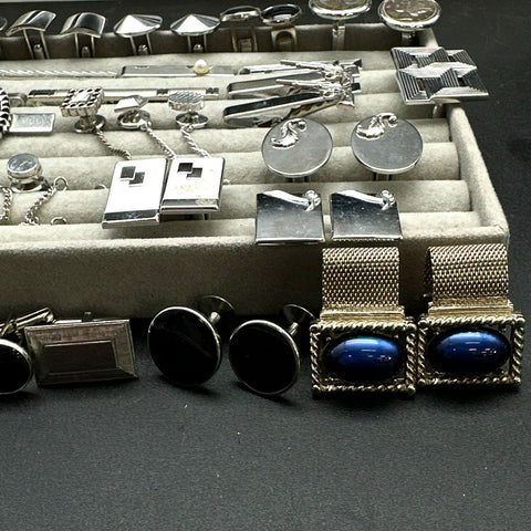 Vintage Mens Jewelry Lot Cufflinks Tie Bars Tacks Silver Tone Retro 40+ Pieces