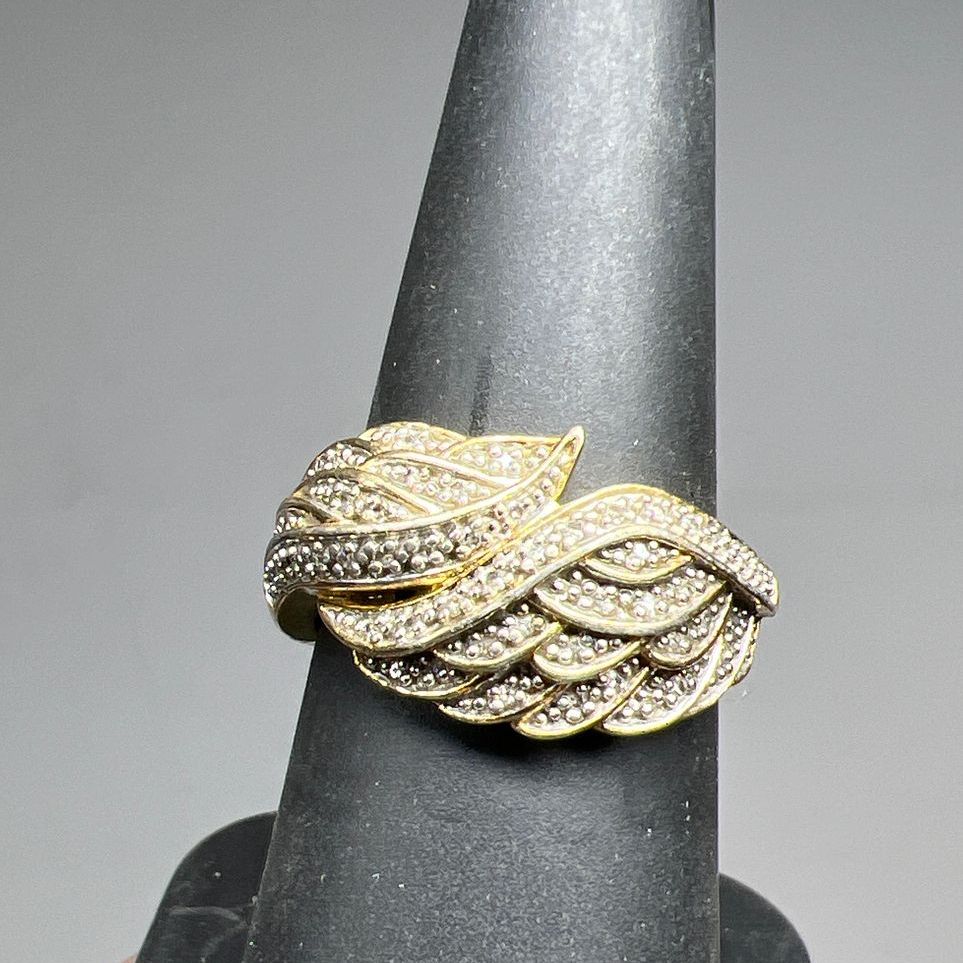 925 Sterling Silver Vermeil Wing Diamond Ring Size 7