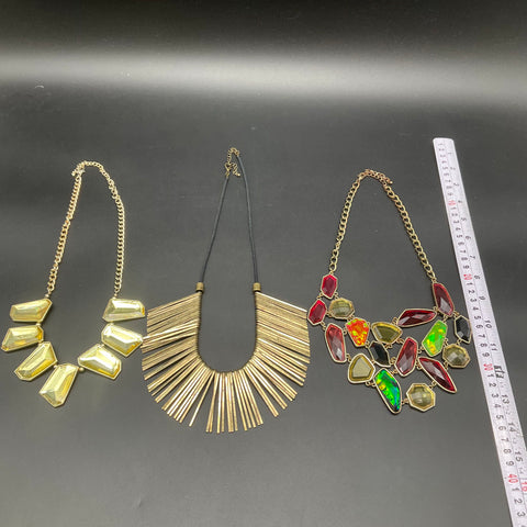 Vintage Style Statement Necklace Lot of 3 Gold Tone Bib Fringe Faux Gemstones