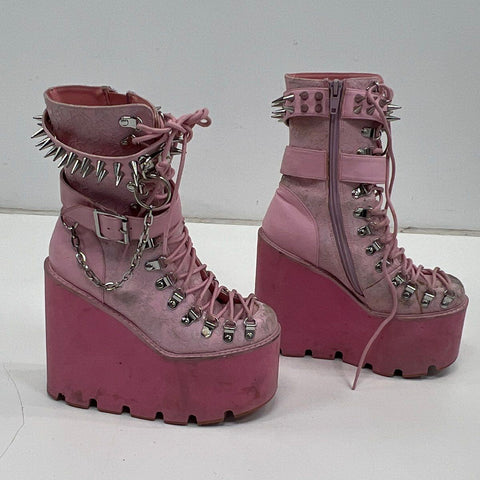 Sugar Thrillz Pink Lace Platform Wedge Combat Boots Spiked Chain Size 7