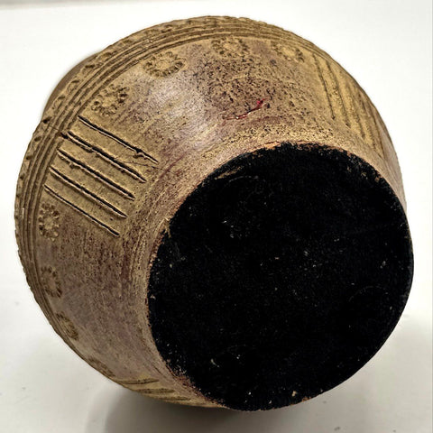 Vintage Pottery Vase Ring Handles Incised Geometric Folk Art Style Brown 11"