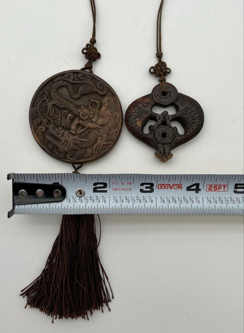Vintage Carved Chinese Koi Fish & Boy on Carp Pendant Necklaces Lot of 2