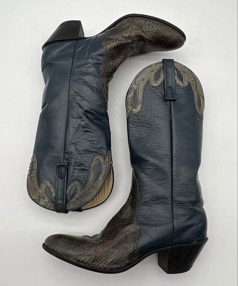 Vintage Nocona Navy Leather Snakeskin Exotic Cowboy Boots Size 7.5 B