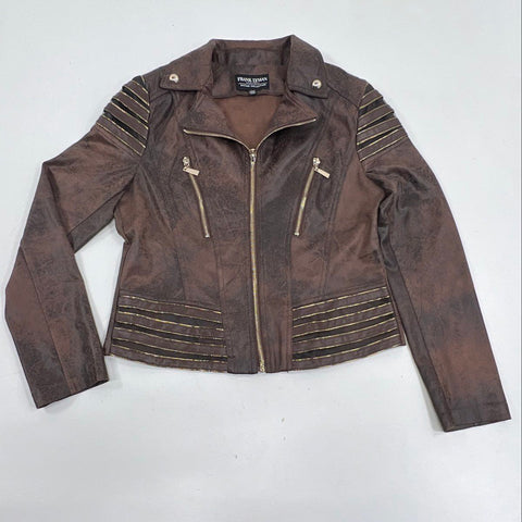 Frank Lyman Women's Brown Distressed Faux Suede Moto Jacket Gold Studs Size M