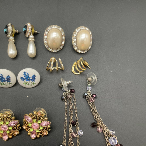 Vintage & Modern Costume Jewelry Earrings Lot 15 Pairs Rhinestone Faux Pearl