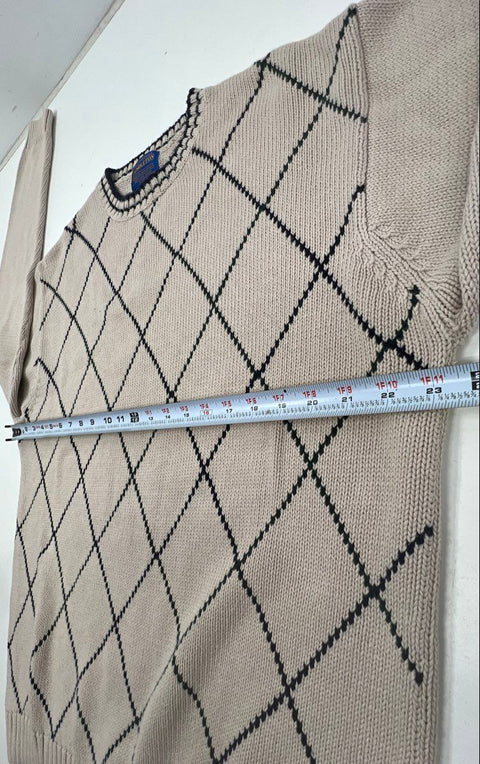 Vintage 90s Pendleton Men's Beige Cotton Diamond Grid Argyle Sweater Sz L