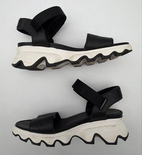 Sorel Kinetic Sandal Black White Platform Wedge Slingback Women's Size 10