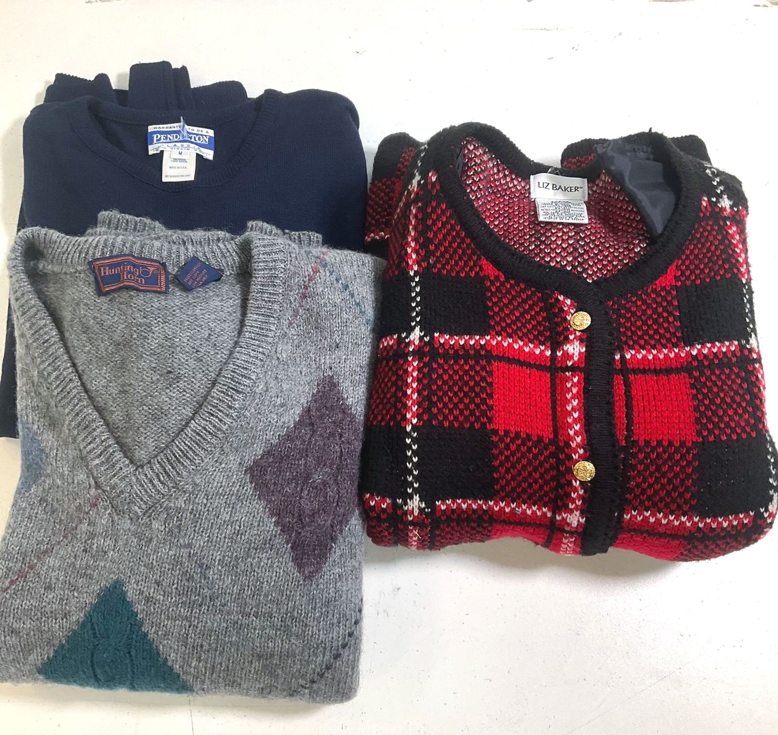 Vintage Sweater Lot 3 Pendleton Liz Baker Hunting Horn Wool Argyle Plaid