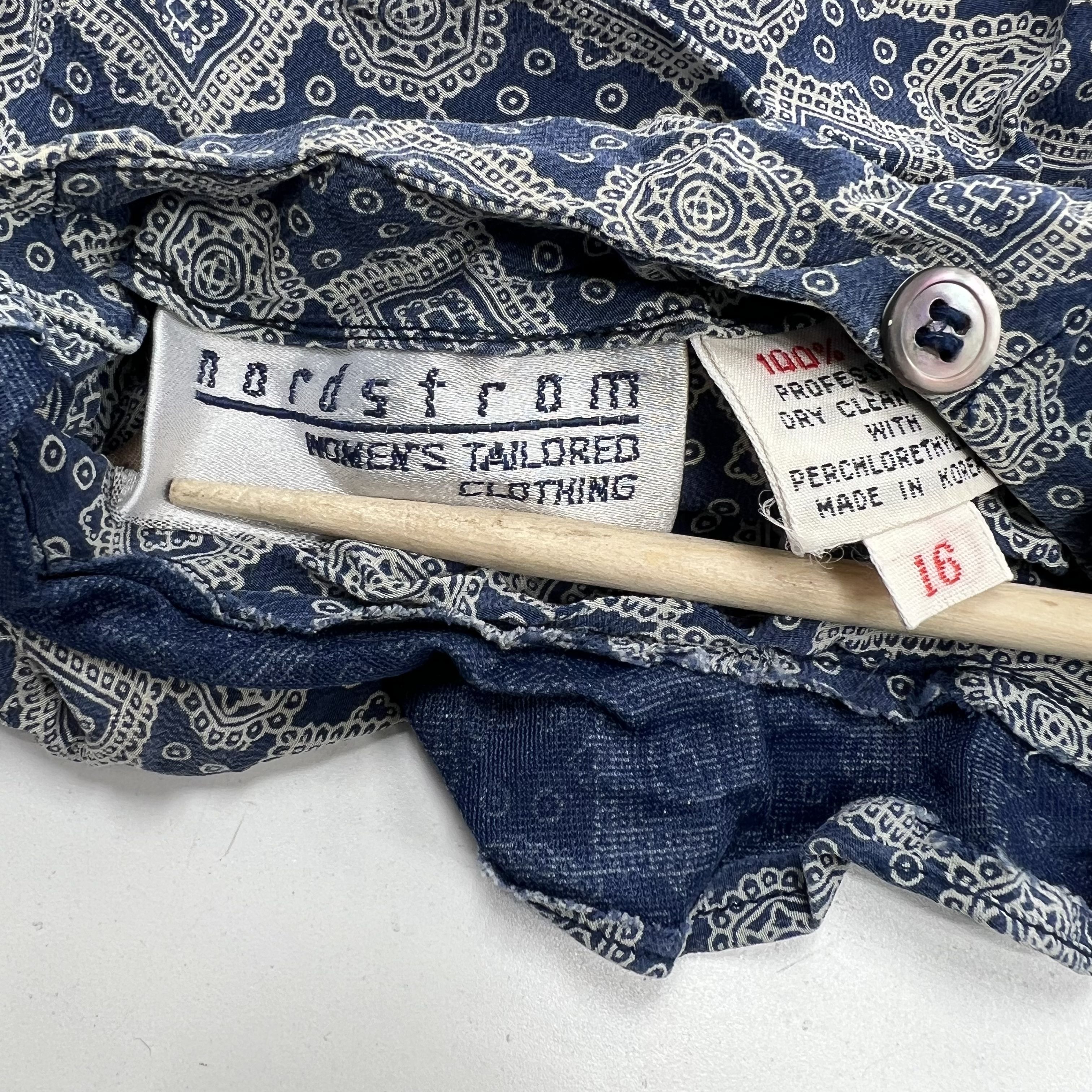 Vintage 90s Nordstrom Blue Geometric Print Silk Crinkle Blouse Women's 16