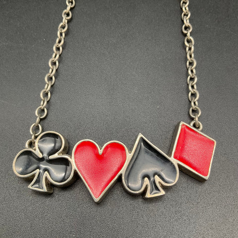 Rock Rebel Card Suit Rockabilly Necklace Vintage Y2K Silver Tone Enamel 18"