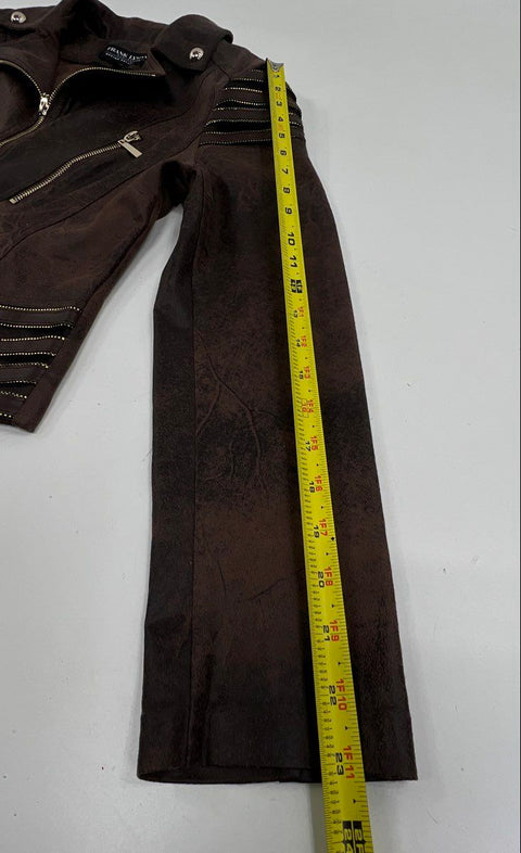 Frank Lyman Women's Brown Distressed Faux Suede Moto Jacket Gold Studs Size M