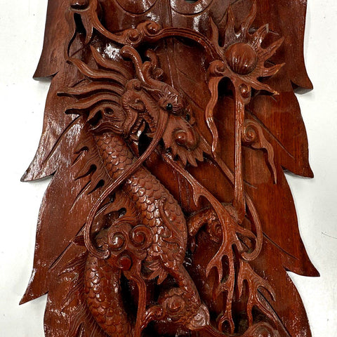 Hand Carved Wood Dragon Wall Plaque Panel Asian Motif 31 Inch Vintage