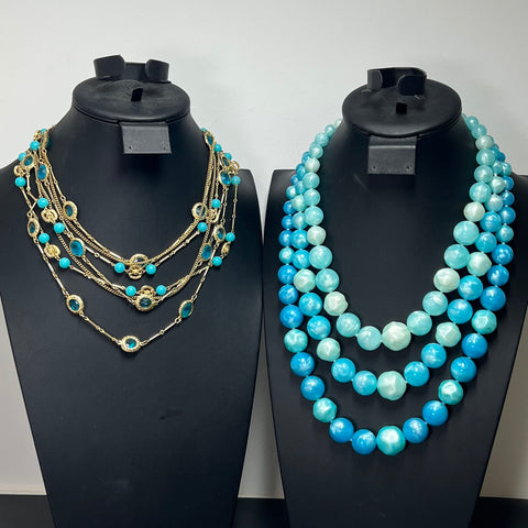 Vintage Lot 4pc Mid-Century Teal Blue Costume Jewelry Necklaces Clip On Earrings