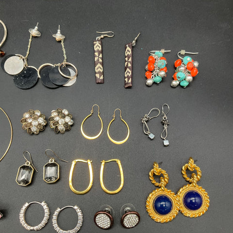 Vintage and Modern Earrings Lot 23 Pairs Hoops Studs Rhinestone Tortoiseshell