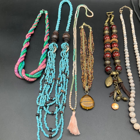 Vintage Boho Statement Beaded Necklace Lot 8 Pc Tiger's Eye Tassel Turquoise