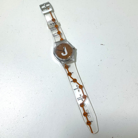 Vintage NYC Subway J Train Unisex Wristwatch Clear Plastic Band Orange Untested