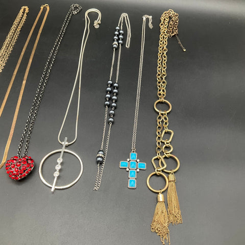 Mixed Fashion Costume Jewelry Lot 9 Necklaces Heart Cross Tassels 0.68 lbs