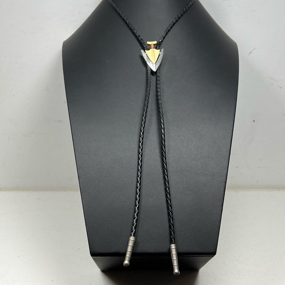 Two Tone Arrowhead Black Leather Cord Bolo Tie