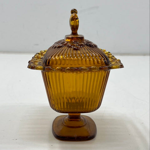 Pressed Glass Amber Ribbed Lidded Candy Dish Footed Compote Vintage 8 Inch