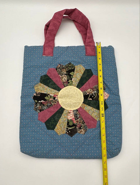 Vintage Dresden Plate Patchwork Quilted Blue Fabric Floral Tote Handbag