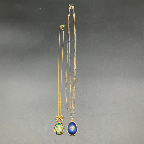 Vintage Avon Faberge Style Egg Pendant Necklaces Set of 2 Gold Tone Enamel
